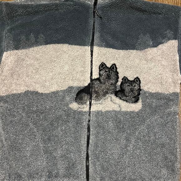 VTG 90s Black Mountain Wolf Fleece Jacket L Gray Wolves Nature AOP  USA Outdoor - Picture 3 of 9